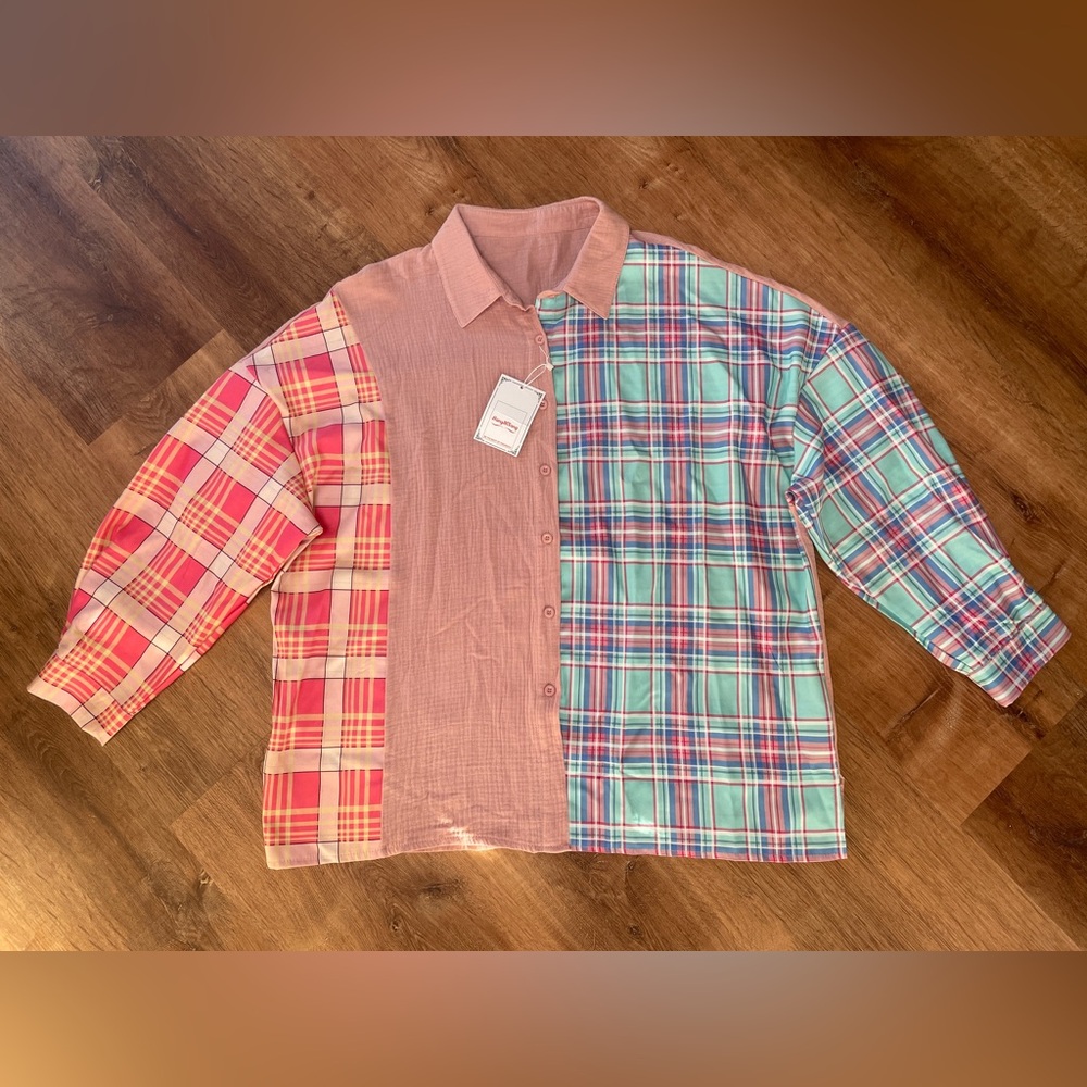 Plaid Patchwork Button Down Blouse Size Medium Pi… - image 1